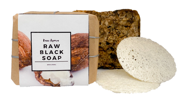 African Black Soap and Facial Loofah. Great for Acne, Dark Spots